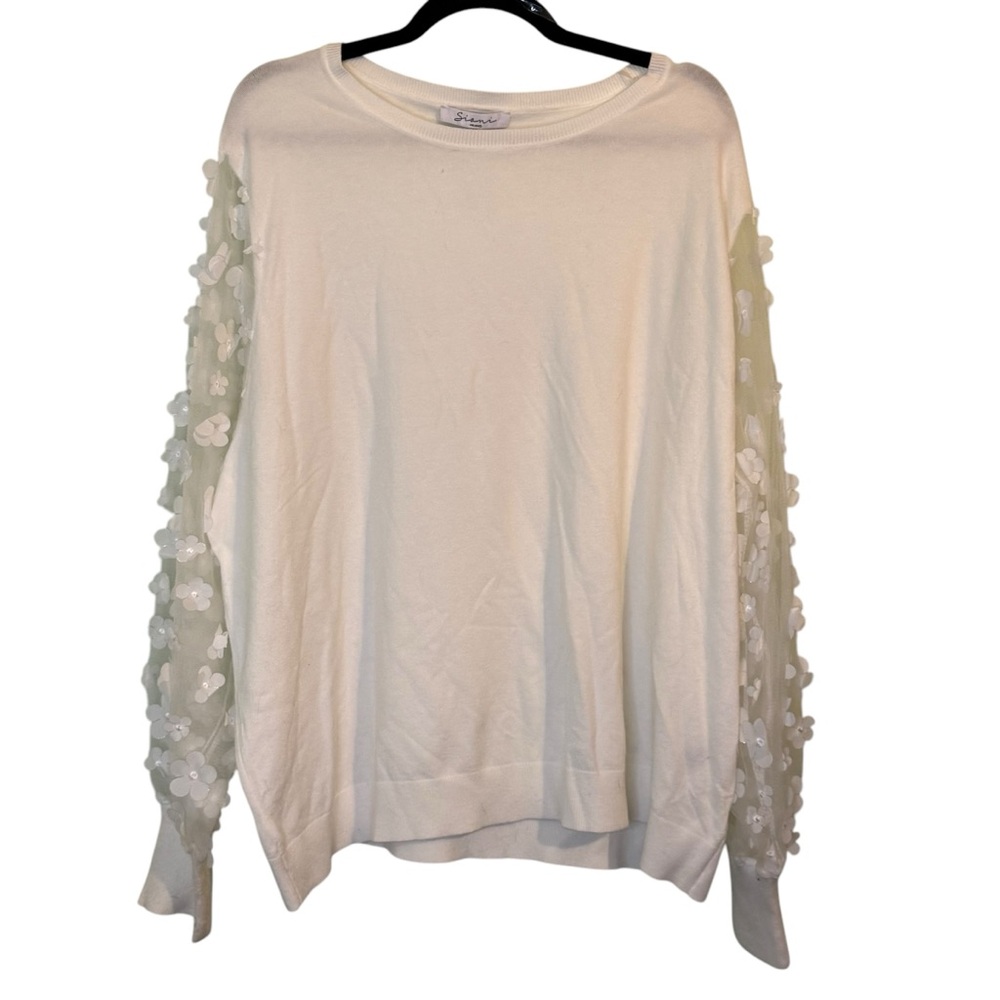 Sioni White Floral Sleeve Top Lightweight Crew Neck Sweater Size 3x New